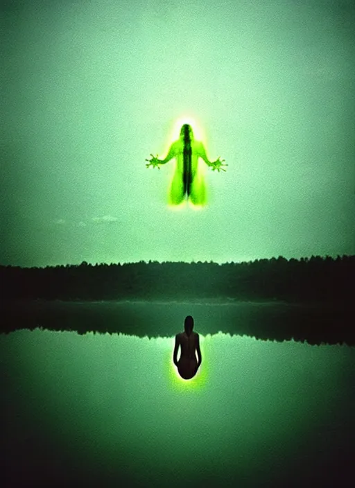 Prompt: “translucent frog body vertically hovering over misty lake waters in jesus christ pose, low angle, long cinematic shot by Andrei Tarkovsky, paranormal, eerie, mystical”