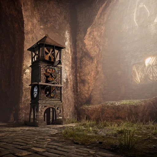 Prompt: an abandoned old rusty clocktower in a dark enormous cave, Low level, digital art, unreal engine, WLOP, trending on artstation, 4K UHD image, octane render