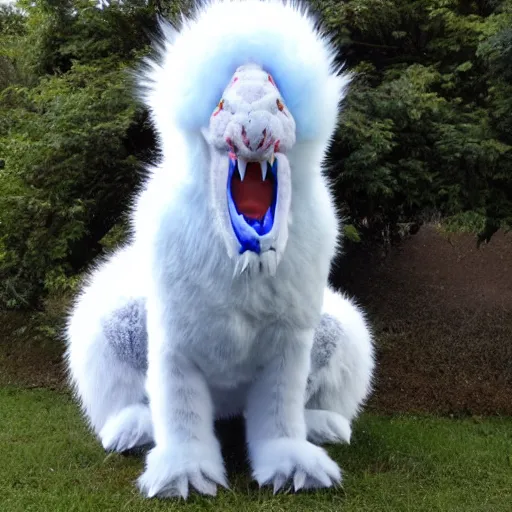 Image similar to white furry dragon with a blue neck mane and 2 grey horns