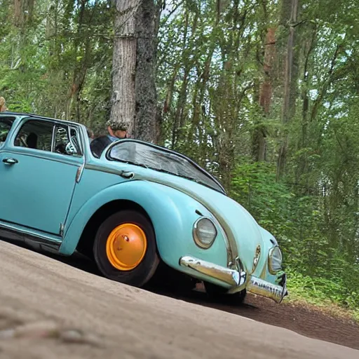 Image similar to promotional scifi - mystery movie scene of a ( volkswagen beatle ) and ladybug hybrid that's more ladybug. racing down a dusty back - road in smokey mountains tennessee. cinematic, 4 k, imax, 7 0 mm, teal autochrome, hdr