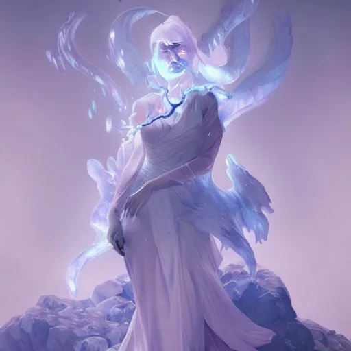 Image similar to female japanese ice elemental, ghostly form, transparent, d & d, highly detailed, digital painting, artstation, concept art, sharp focus, illustration, cinematic lighting, art by artgerm and greg rutkowski and alphonse mucha