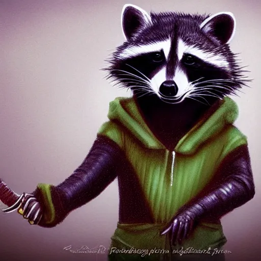 Prompt: a raccoon in a green, hooded rouge outfit with gold accents holding dagger between fingers, trending on art station