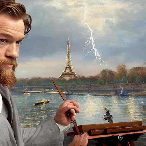 Prompt: mcgregor is dressed as a gentleman at early 2 0 th century paris. he is watching an easel. that easel has a canvas on it. ewan mcgregor has a brush on his hand. he is painting a painting. on background has river seine, morning sun, dark clouds, lightning, dc comics