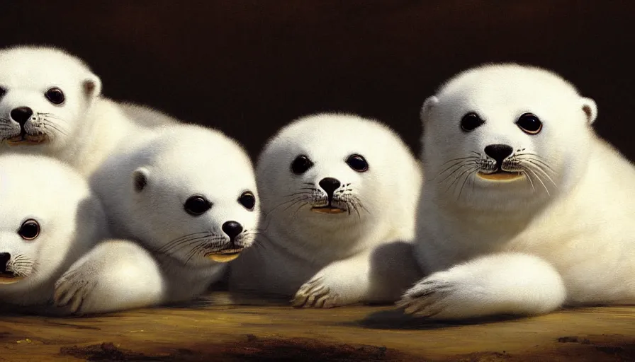 Prompt: highly detailed painting of cute furry white baby seals on an out of control cad by william turner, by greg rutkowski, by william constable, thick brush strokes and visible paint layers, 4 k resolution