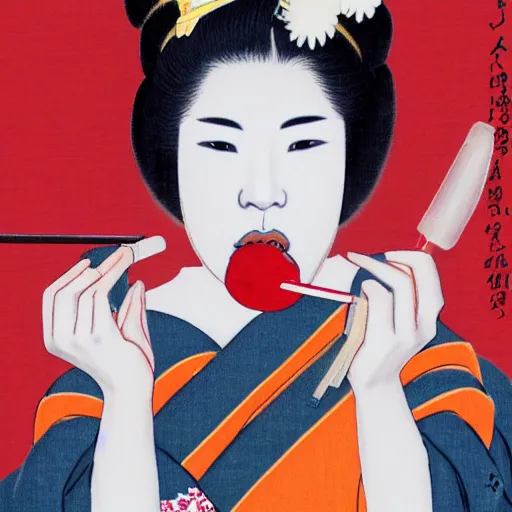 Image similar to photograph of a young maiko licking a lolipop, realistic, red highlights, portrait,detailed,