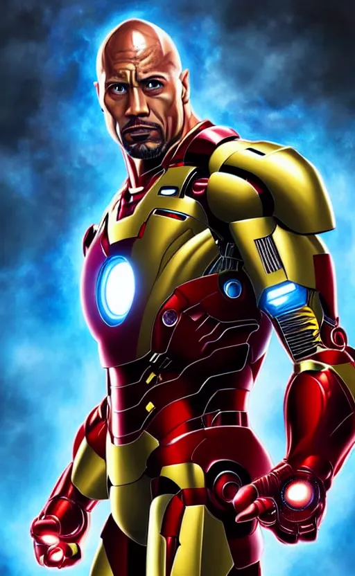 Prompt: portrait of the rock as iron man from the avengers infinity war, character concept art, hyperrealistic, detailed, accurate illustration, dramatic lighting, action pose