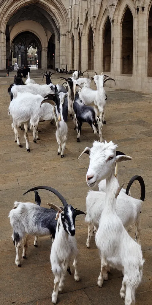 Prompt: goats outside of a cathedral, trending on artstation