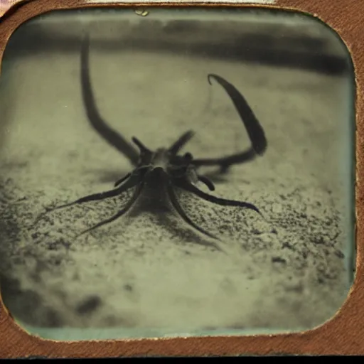 Prompt: tintype photo, swimming deep underwater, squid spider bug