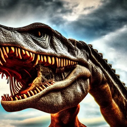 Image similar to dinosaur smoking a cigarette in their mouth realistic hdr professional shot