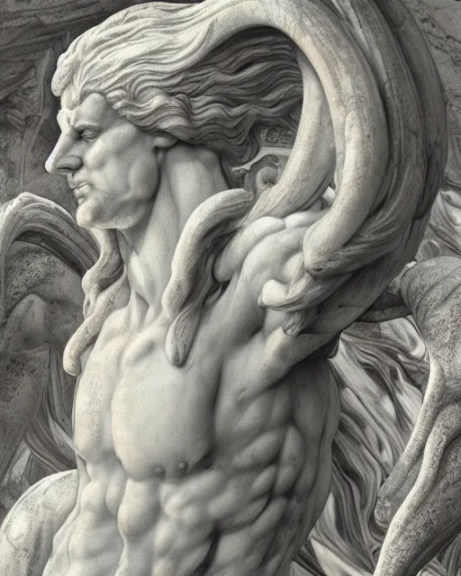 Prompt: an old marble statue of a hydra from herculean myths, hyper realistic, 4 k, grainy marble, hyper detailed