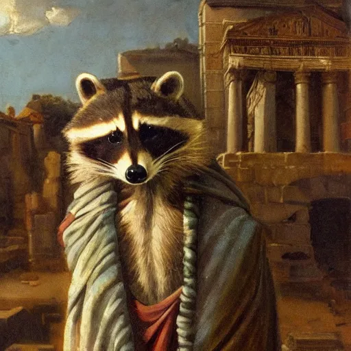 Prompt: a raccoon wearing a toga in a ancient roman city, oil painting