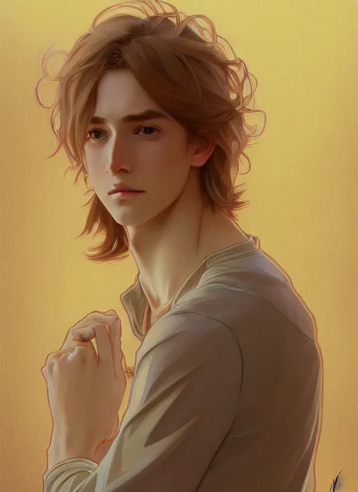 Image similar to pretty young man with shoulder length shiny shimmering golden blond hair, head down, shy, path traced, highly detailed, high quality, digital painting, by studio ghibli and alphonse mucha, leesha hannigan, disney