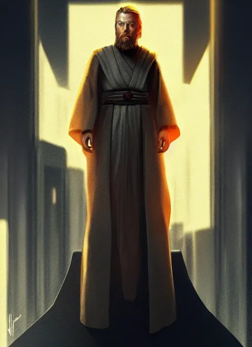 Image similar to a portrait of obi - wan kenobi as a jesus, cyberpunk, grim - lighting, high - contrast, intricate, elegant, highly detailed, digital painting, artstation, concept art, smooth, sharp focus, illustration