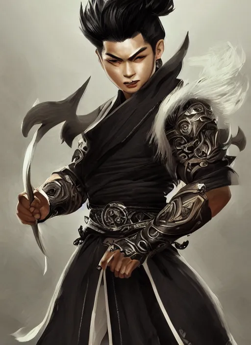 Image similar to a highly detailed illustration of fierce short white haired parted through the middle young attractive asian man, wearing hakama, with black sclera eyes, heroically battle posing, muscular, intricate, elegant, highly detailed, centered, digital painting, artstation, concept art, smooth, sharp focus, league of legends concept art, WLOP