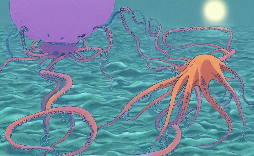 Prompt: a realistic cell - shaded studio ghibli concept art from paprika ( 2 0 0 6 ) of a flying multi - colored octopus from close encounters of the third kind ( 1 9 7 7 ) and dimensional portal to another world above a flooded stonehenge on a misty starry night. very dull colors, wide shot, hd, 4 k, hq