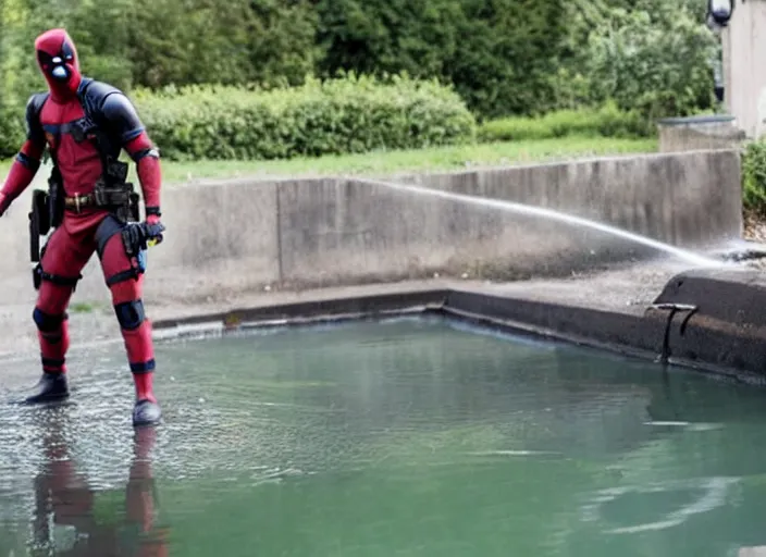 Image similar to film still of deadpool cleaning a sewer in the new dirty jobs tv series, 4 k