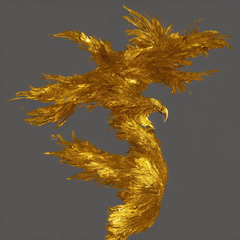 Image similar to golden Raven with feathers made of gold leaf, losing feathers, white background, octane render, dramatic action shot