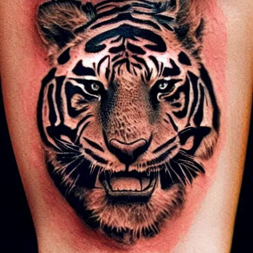 Image similar to a realistic tattoo design that has a beautiful warrior woman on the bottom and a tiger head on the top, highly detailed