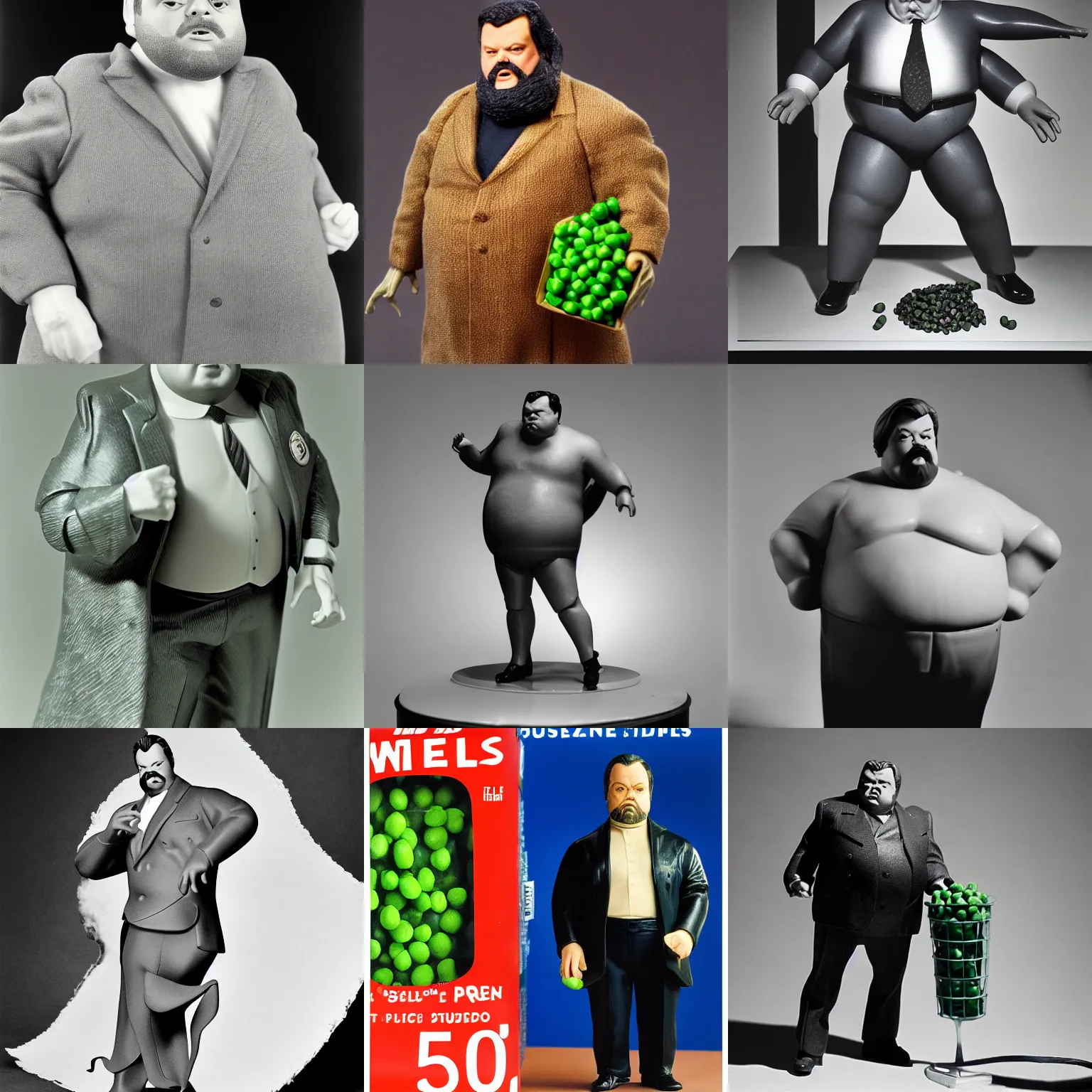 Prompt: the late orson welles action figure, huge, fat body, making advert for frozen peas, 3 5 mm photograph, product studio lighting