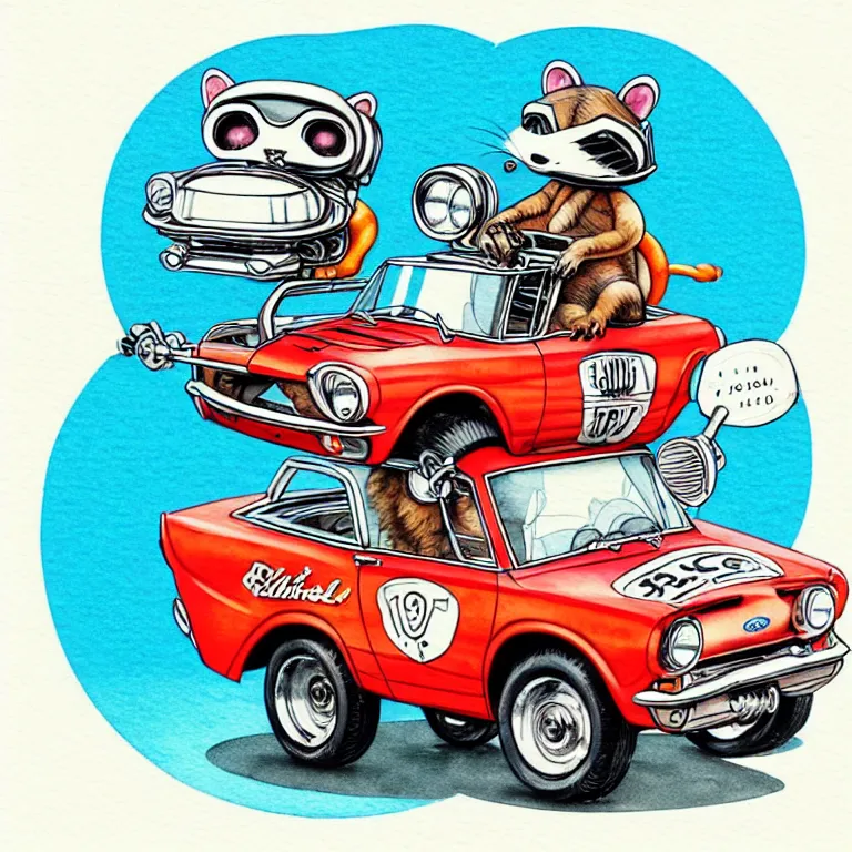 Image similar to cute and funny, racoon wearing a helmet riding in a 1 9 6 5 ford shelby with oversized engine, ratfink style by ed roth, centered award winning watercolor pen illustration, isometric illustration by chihiro iwasaki, edited by range murata, tiny details by artgerm and watercolor girl, symmetrically isometrically centered, sharply focused