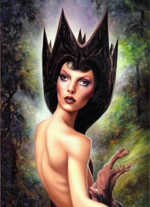 Prompt: portrait sylph princess, black iron crown, diamond shimmering dress, strong line, deep color, forest, beautiful! coherent! by boris vallejo, by brom