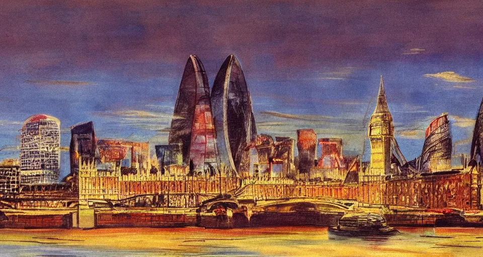 Image similar to color sketch of the london skyline, highly detailed, dramatic lighting, intense shadows, rich deep colours, by salvador dali