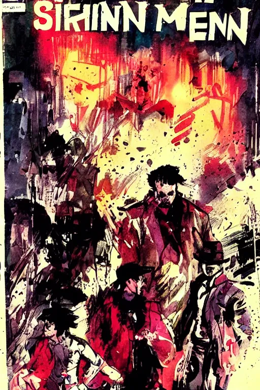 Image similar to comic cover for a book about 4 hit men arriving in the same secluded town. art by bill sienkiewicz.