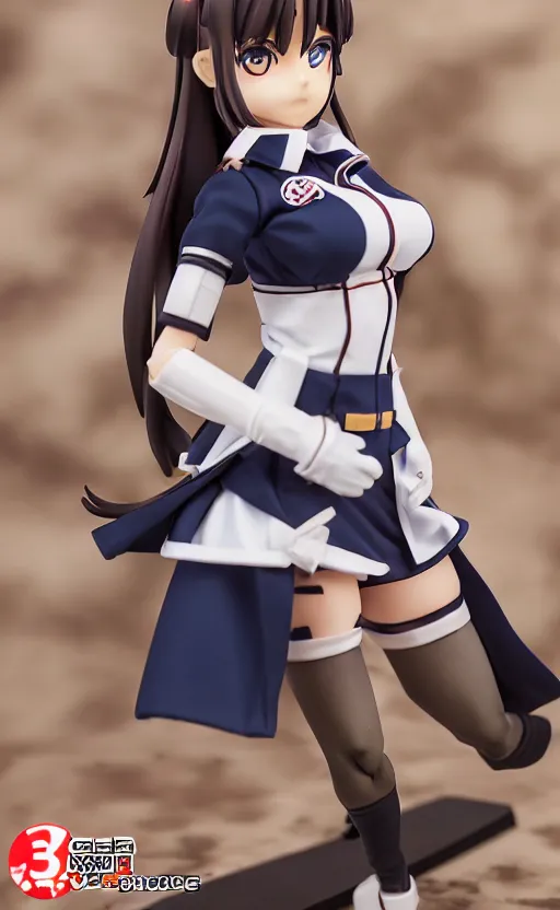 Image similar to toy photo, realistic face, kancolle uniform, portrait of the action figure of a girl, anime character anatomy, 3d printed, plastic and fabric, figma by good smile company, collection product, dirt and smoke background, navy flags, realistic military gear, 70mm lens, hard surfaces, photo taken by professional photographer, trending on Twitter, symbology, 4k resolution, low saturation, realistic ship addons