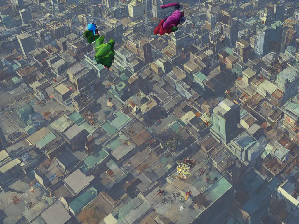 Prompt: man flying over ps1 third person game city