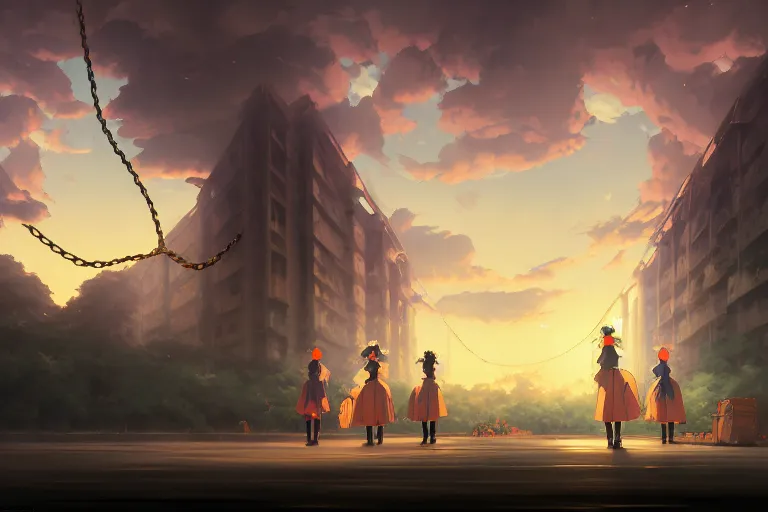 Image similar to baroque oil painting of key visual concept art of anime maids chaining captured pows to trucks, brutalist, dark fantasy, rule of thirds golden ratio, fake detail, trending pixiv fanbox, acrylic palette knife, style of makoto shinkai studio ghibli genshin impact james gilleard greg rutkowski chiho aoshima