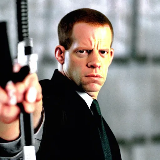 Prompt: Toby Flenderson as neo in the matrix