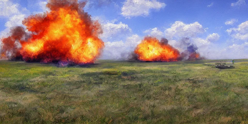 Prompt: an eastern front battlefield landscape, summertime, shell craters, single burning tank, digital oil painting
