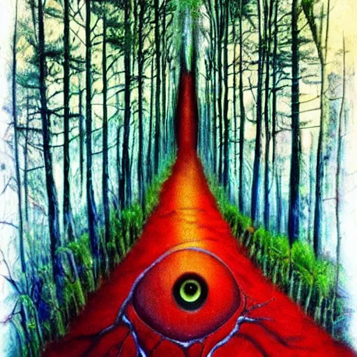 Image similar to forest, three eyed spirits, wide shot, vivid colors, eyes, ground very detailed, wet eyes reflecting into eyes reflecting into infinity, natural lighting