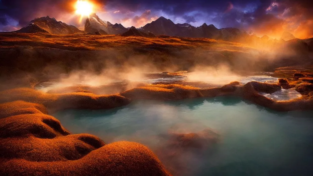 Image similar to amazing landscape photo of natural hot springs by marc adamus, beautiful dramatic lighting