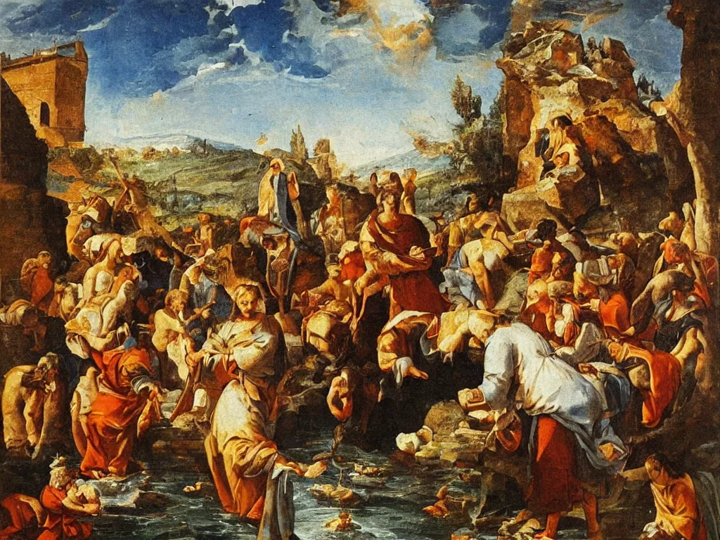 Image similar to Saint giving milk to the eels in Tuscany. Rocks, italian city ablaze. Painting by the Osservanza Master