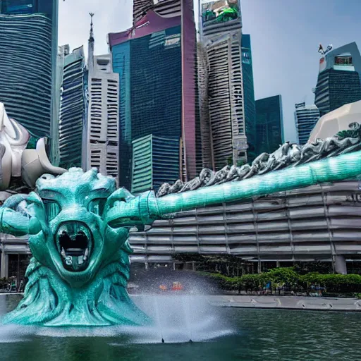 Prompt: large group of people and robots attacking merlion sculpture in Singapore, photorealistic, ultra-detailed, high resolution, HDR shot, cinematic lighting