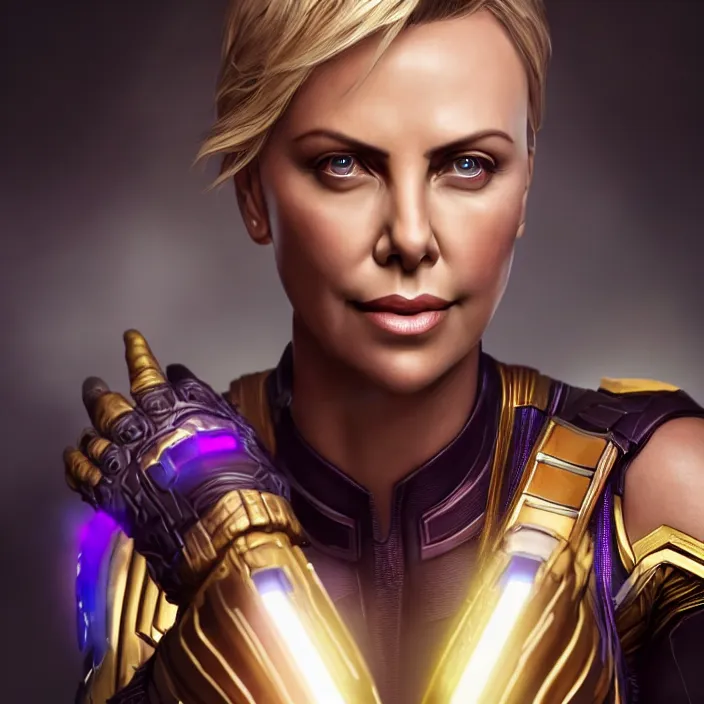 Image similar to portrait of (Charlize Theron), wearing The Infinity Gauntlet!! intricate artwork. octane render, trending on artstation, very coherent symmetrical artwork. thanos. cinematic, hyper realism, high detail, octane render, 8k, iridescent accents