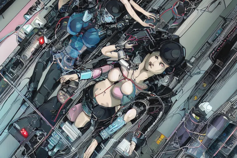 Image similar to a cyberpunk illustration of a group of three coherent female androids in style of masamune shirow, lying on an empty, white floor with their bodies broken scattered rotated in different directions and cables and wires coming out, by yukito kishiro and katsuhiro otomo, hyper-detailed, intricate, view from above