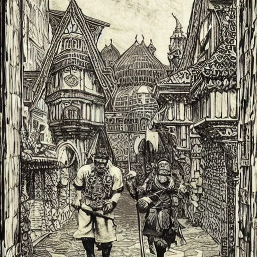 Prompt: game master warhammer fantasy grim dark wattle and daub tudor medieval city street woodcut alphonse slavic dommersen leickert mucha intricate ink biblin folk florence nuremberg german ornament