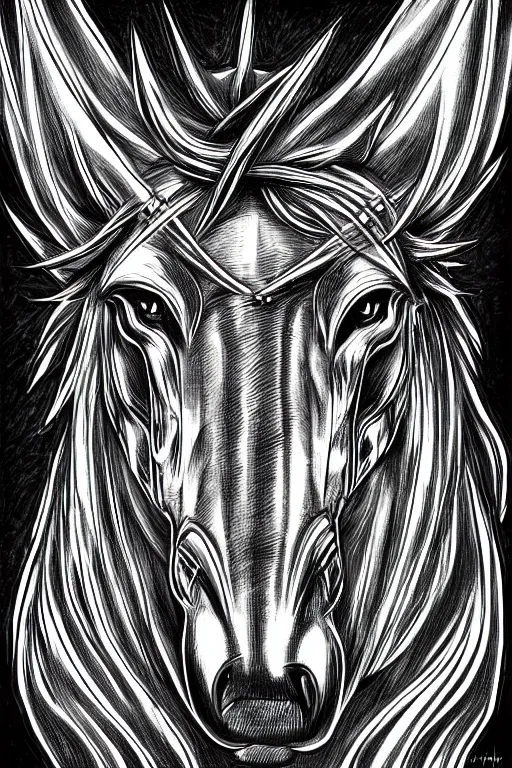 Prompt: fanged horse, symmetrical, highly detailed, digital art, sharp focus, trending on art station, kentaro miura manga art style