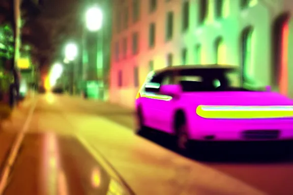 Image similar to dash cam footage at night of a car glowing neon pink