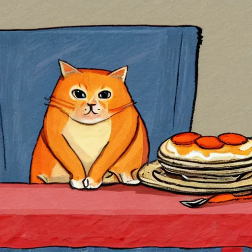 Image similar to fat orange cat on a table with lasagna new yorker illustration
