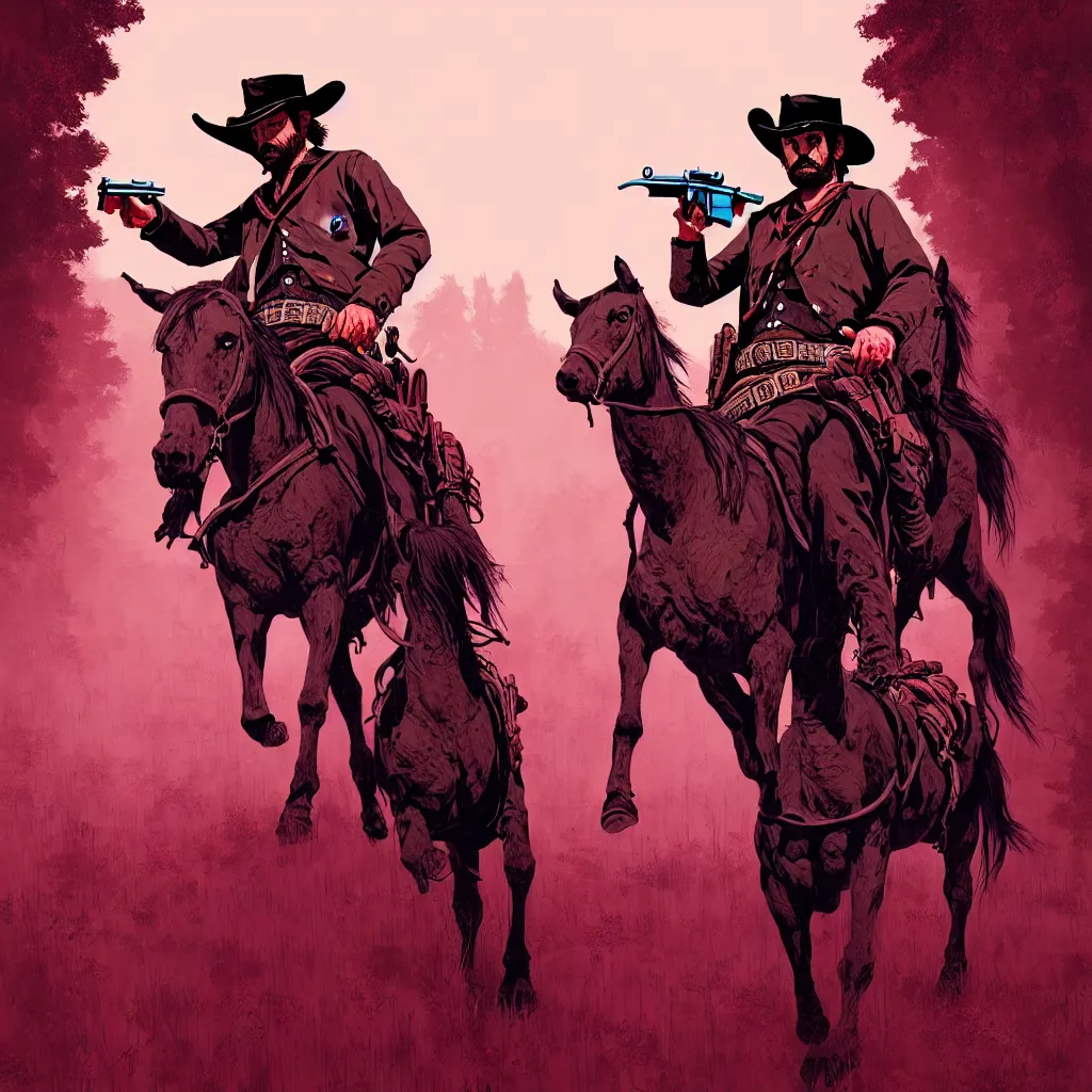 Image similar to red dead redemption art by james jean, photoillustration, mystical baroque, pastel synthwave