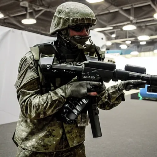 Image similar to a rare military frog equipped with rocket launcher and night vision target acquisition system, photo from adversary biotech expo