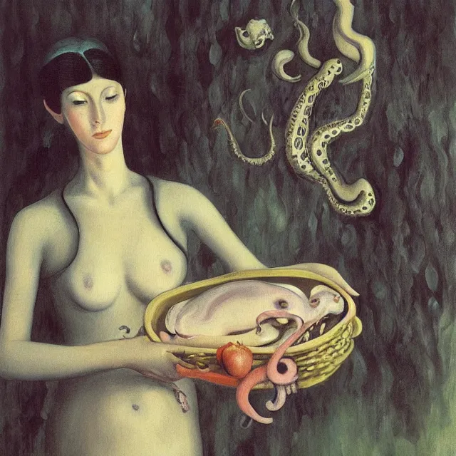 Image similar to tall emo female artist holding a pig's trotter in her flooded kitchen, pomegranates, octopus, water gushing from ceiling, painting of flood waters inside an artist's apartment, a river flooding indoors, ikebana, zen, rapids, waterfall, black swans, canoe, berries, acrylic on canvas, surrealist, by magritte and monet