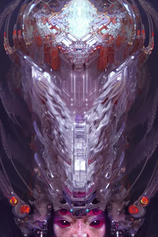 Image similar to asura from chinese myth, ghost, gorgeous and huge head ornaments, dystopian, cyberpunk, organic fractal mycelum and fungi, mecha, halfturn portrait of a big crystal face made of crystals half - turn, ominous, intricate, studio, art by anthony macbain + greg rutkowski + alphonse mucha, concept art, 4 k, sharp focus