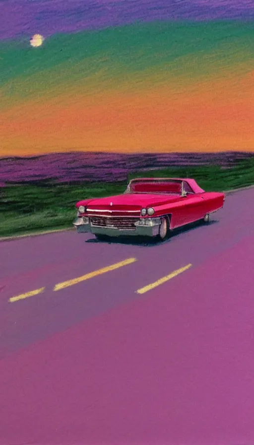 Image similar to polaroid of a 1 9 6 3 red cadillac convertible in the distance driving down empty highway into a pink sunrise, oil pastel, high detail, realistic, vintage