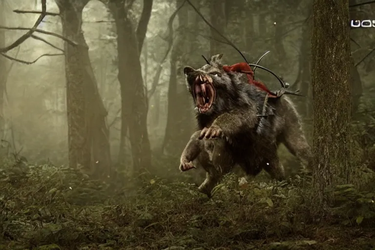 Image similar to vfx movie closeup detailed ancient warrior orc hunting wolf in the forest, natural lighting by emmanuel lubezki