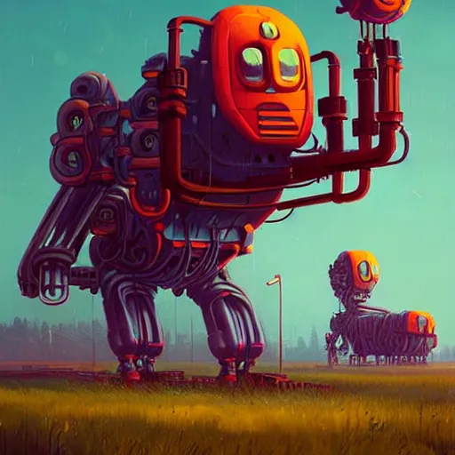 Image similar to the wretched mechanical giants who plague our kingdom, art by Simon Stalenhag