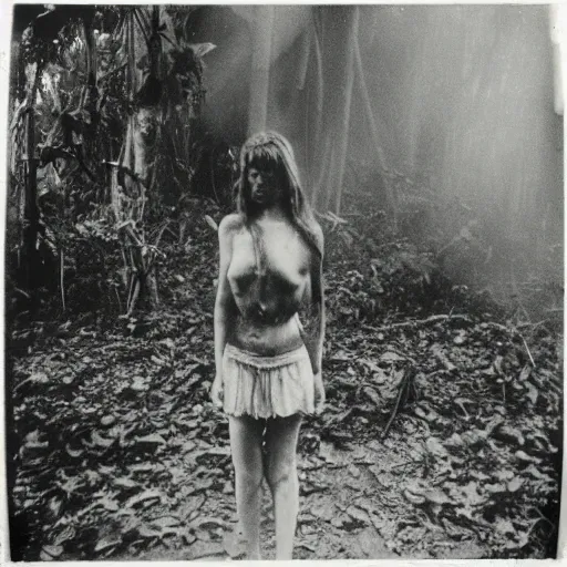 Image similar to an ancient evil-girl devouring the souls of the human kind on a mysterious Colombian jungle, mist, abandoned house, 1910 polaroid photography, grainy film, Black and white